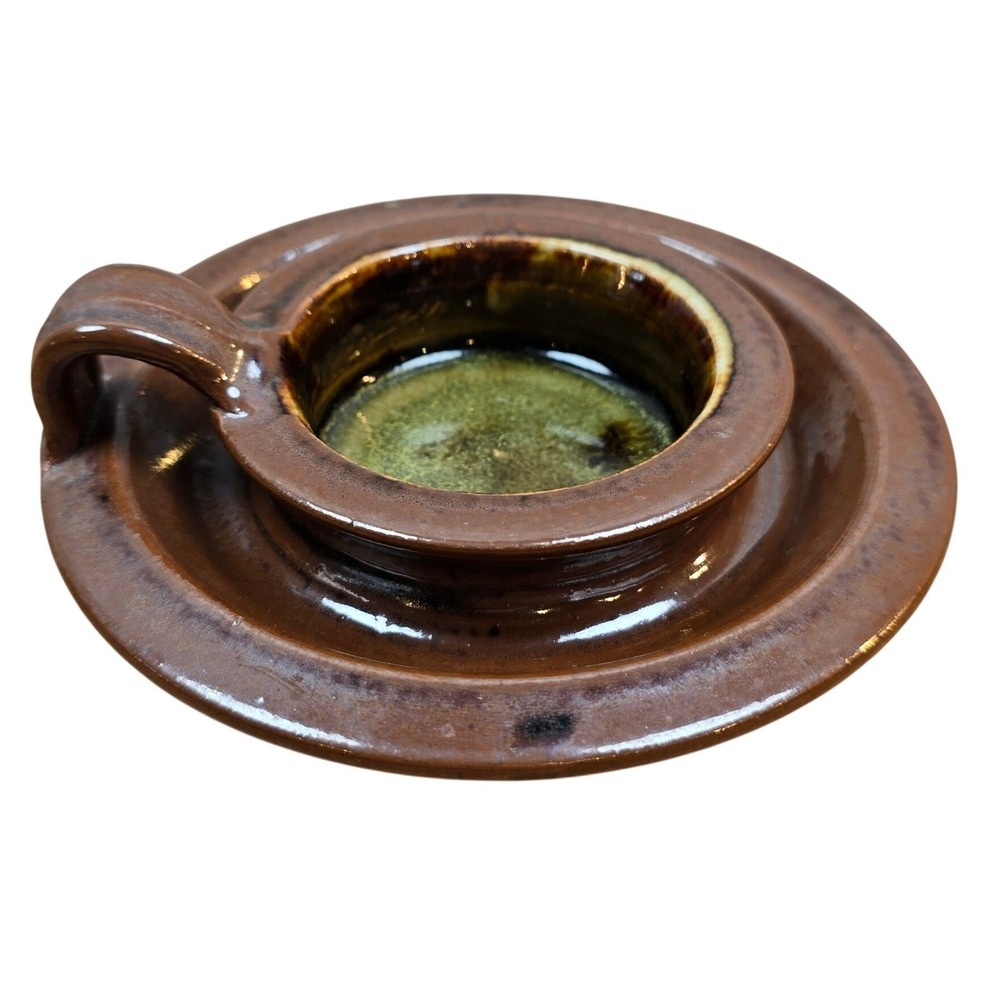 Handmade Ceramic Candle Holder in Brown Glaze Signed Base Vintage 5.5"